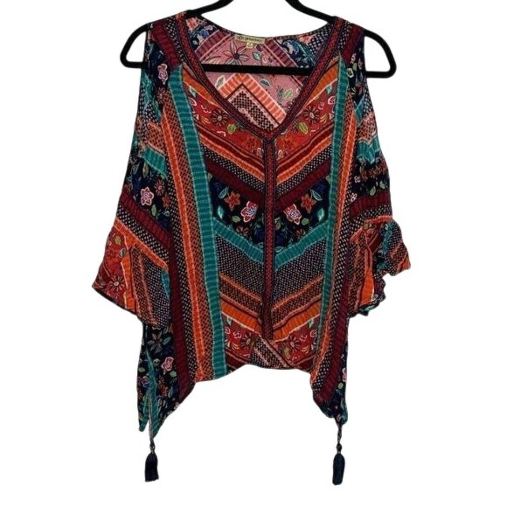 Democracy Womens Boho Floral Patchwork Blouse Top With Tassels V-Neck Multicolor